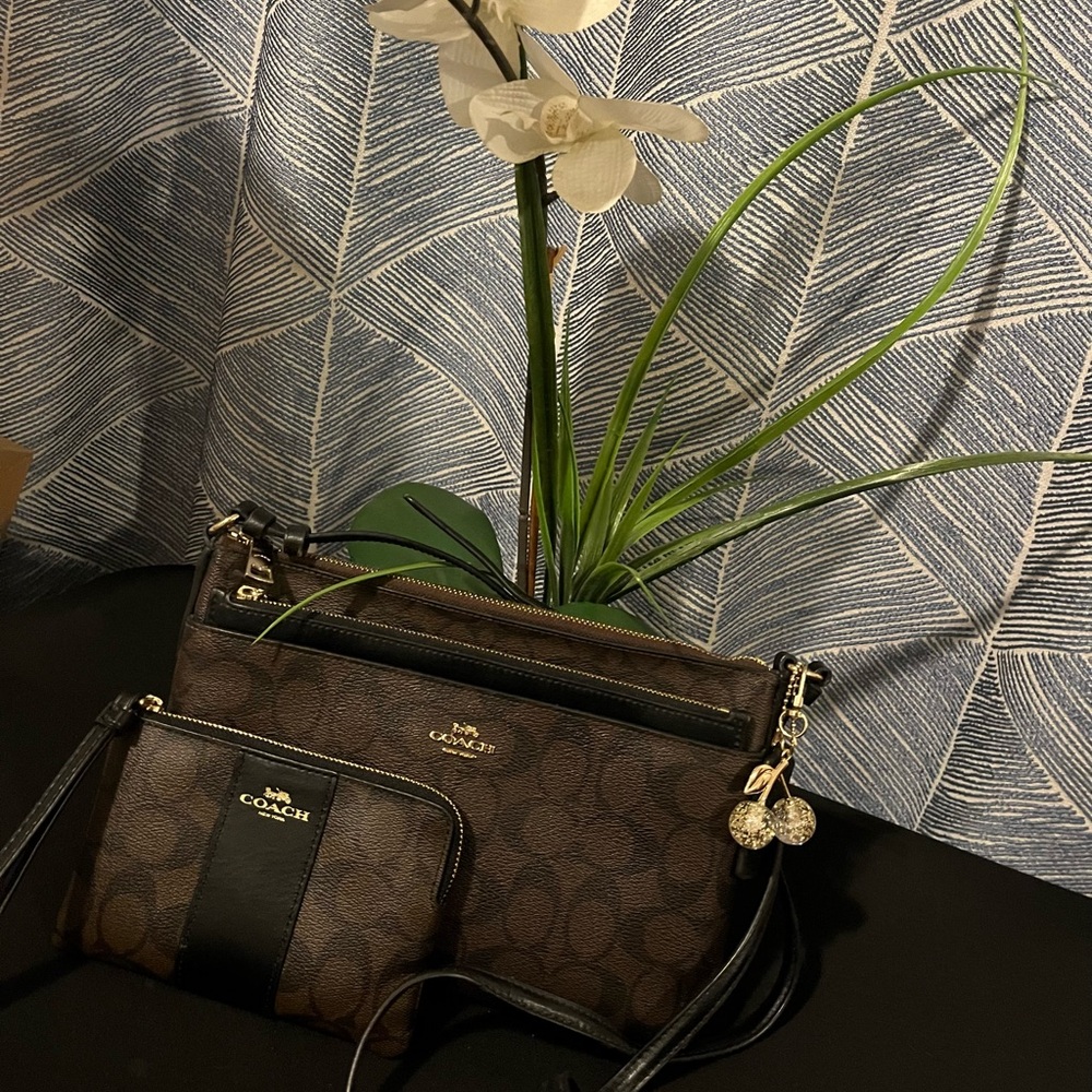 Coach Black and Chocolate Brown Crossbody Bag and NWT Wristlet